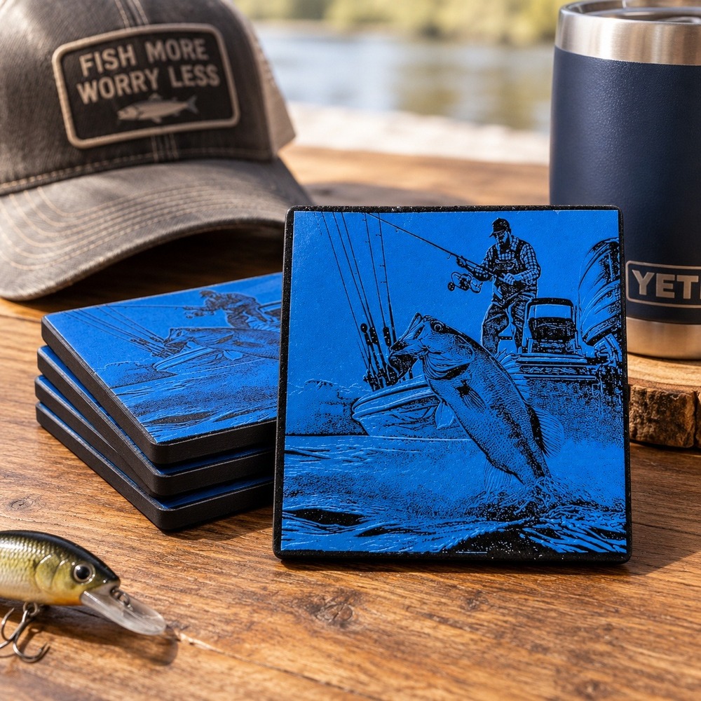 Bass Fishing‎ Ceramic Coaster Blue Black Cork Back Outdoor